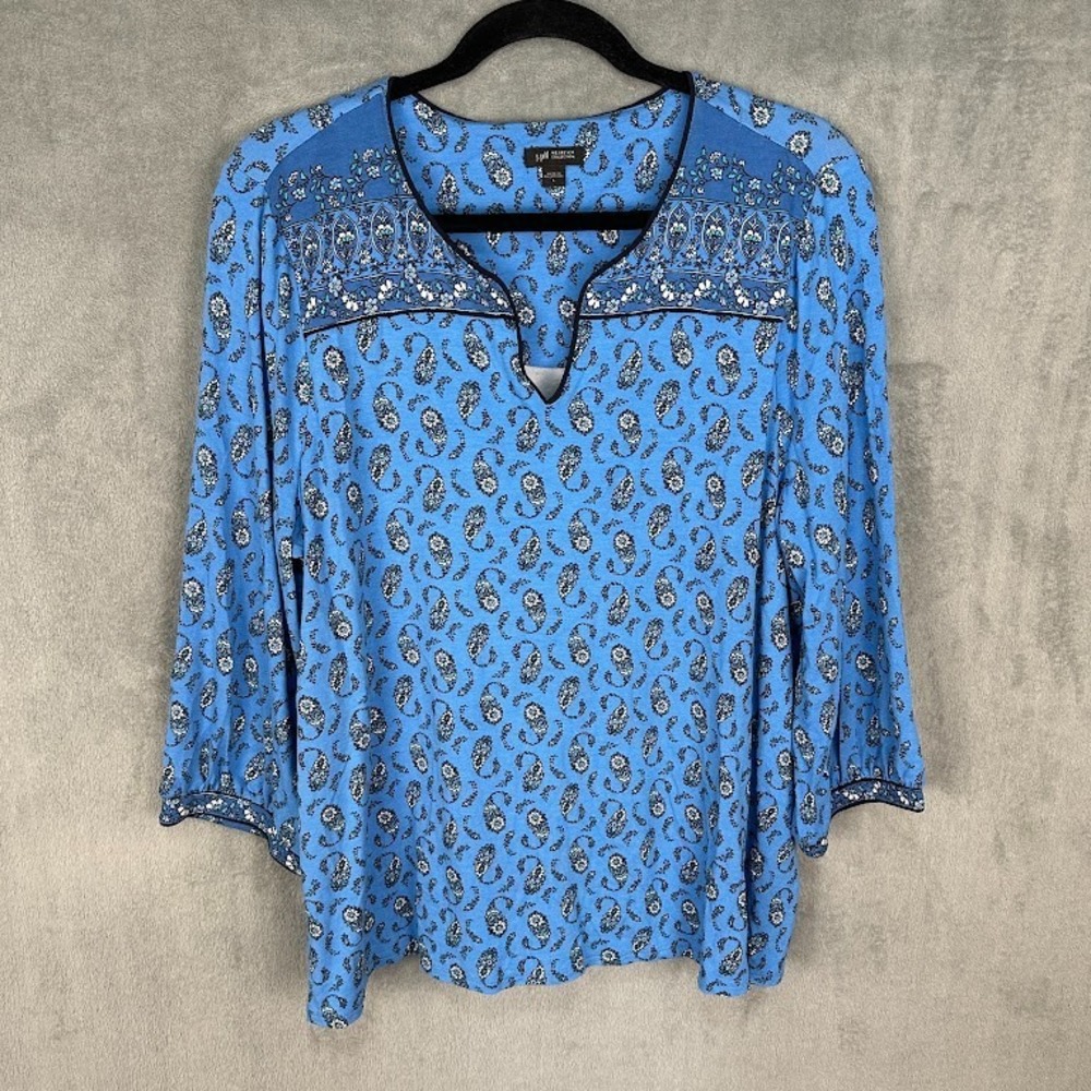 J Jill Top Women Large Blue 3/4 Length Sleeve Floral Wearever Collection Stretch